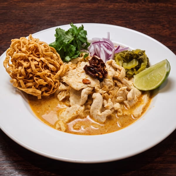 Khao Soi with chicken, crispy noodles, red onion, cilantro, pickled greens, and lime on a white plate.