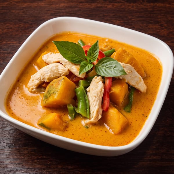 Red curry with chicken, pumpkin, green beans, and red bell pepper, garnished with basil.