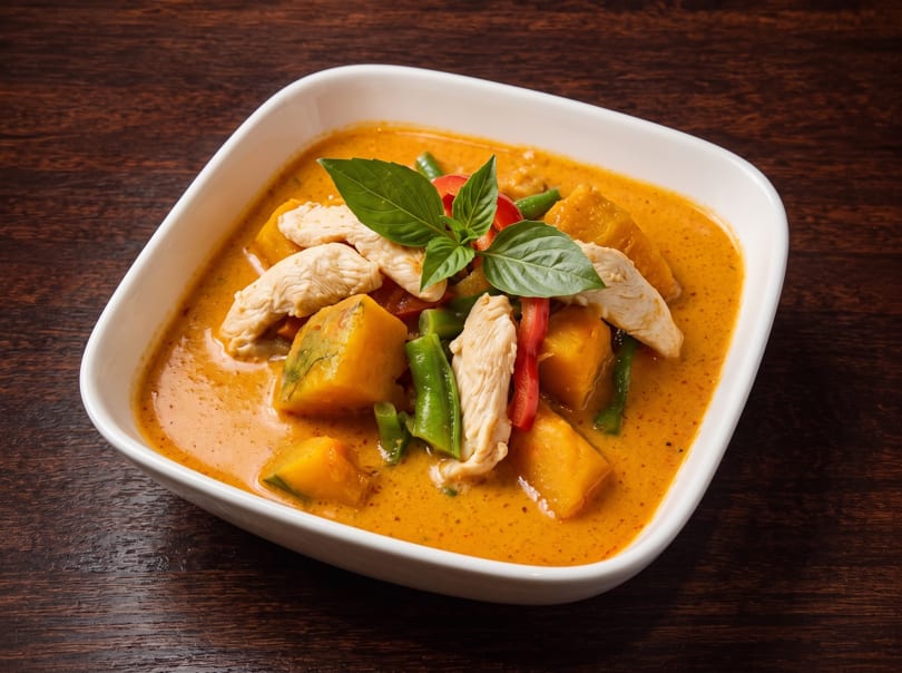 Red curry with chicken, pumpkin, green beans, and red bell pepper, garnished with basil.