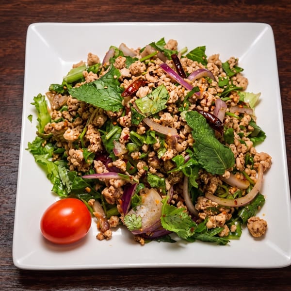 A white square plate of Thai Larb with minced meat, herbs, red onion, and a cherry tomato.
