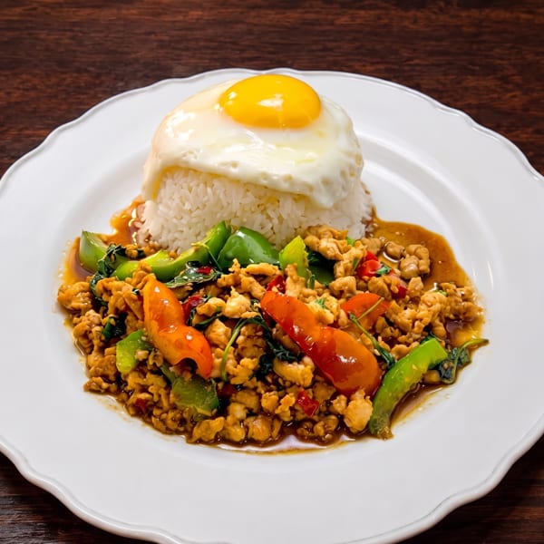 Thai basil chicken with rice and a fried egg on a white plate.