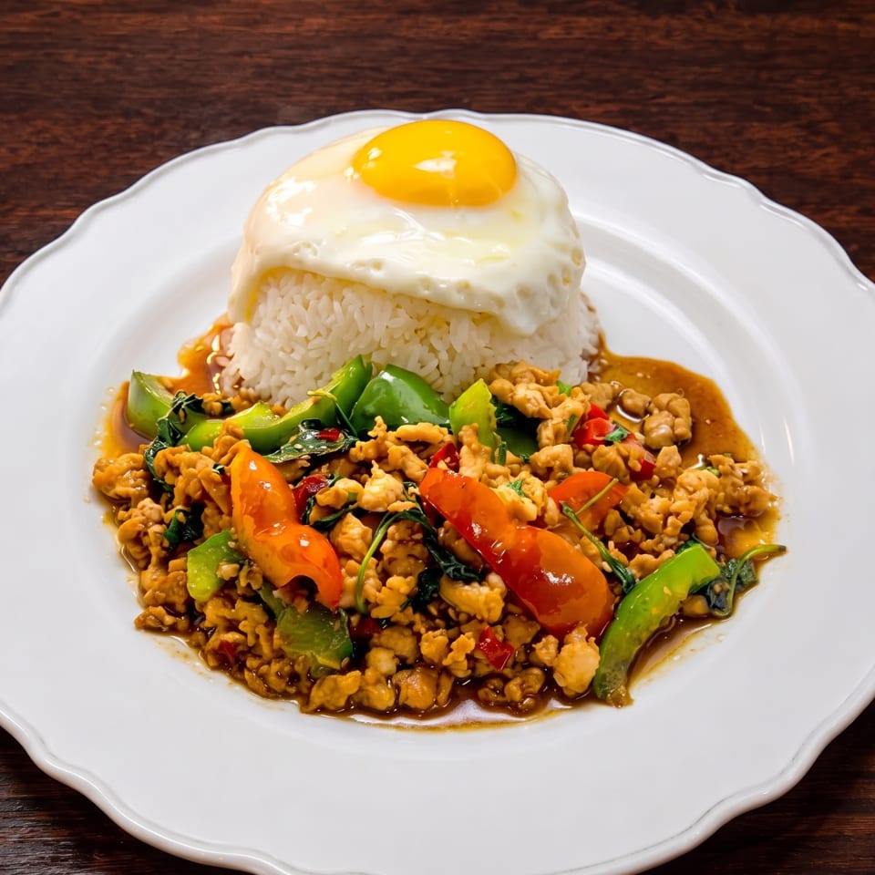 Thai basil chicken with rice and a fried egg on a white plate.