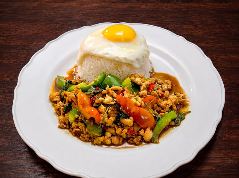 Thai basil chicken with rice and a fried egg on a white plate.